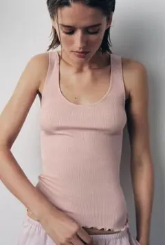 Zara 100% シルク　薄いピンク リブ編み タンクトップ　キャミソール
