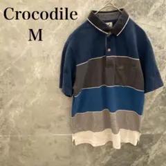 クロコダイル メンズ M ネイビー マルチカラー ポロシャツ 半袖 刺繍ロゴ
