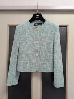 ZARA☆ノーカラージャケットXS　グリーン　ツイード