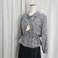 未使用タグ付 昭和レトロ 総柄 リボンタイ 長袖ブラウス サイズL相当