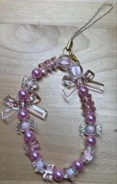【ハンドメイド】「桜色リボンとお花のビーズストラップ」