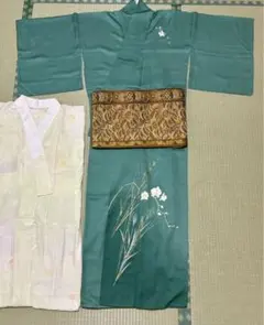 着物（正絹・袷・緑色花柄）・帯・長襦袢　3点セット