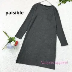 paisible Vネック 長袖　ニット　ワンピース　スリット入　M グレー