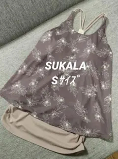 ㉒SUKALAスカーラ ヨガウェア 花柄フレア タンクトップ S ブラウン