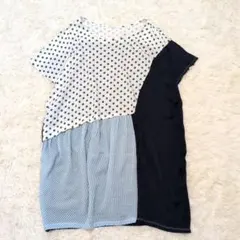 ビュルデサボン　チュニックワンピ　ゆったり　ドット　ストライプ　異素材ドッキングのサムネイル