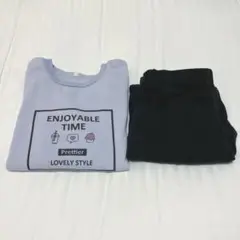 ラベンダーTシャツと黒フリースパンツセット パジャマ