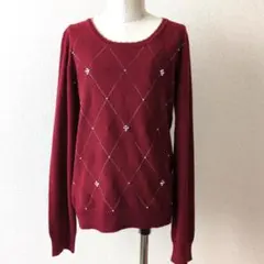 バーガンディ ビジュー付きニット 長袖