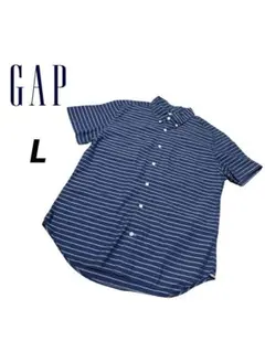 GAP モダンオックスフォード半袖シャツ ストライプ柄 ブルー系 メンズLサイズ