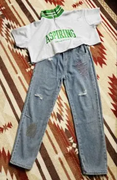 女の子 セットアップ 半袖トレーナー ＆ デニムパンツセット