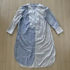 ザラ ZARA コットン100% ストライプゆったりノーカラーシャツワンピース