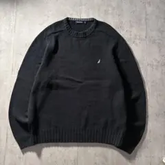 古着 nautica コットンニット 刺繍 シンプルデザイン 黒 XL