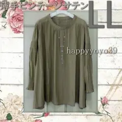 激安新品LL杢グレービンテージサテン 薄手 シャーリング ブラウス 大きいサイズのサムネイル