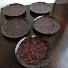 漆器 花柄皿 5枚セット　直径15cm