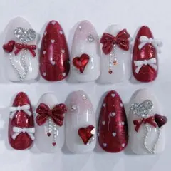 【♡No.18♡】ネイルチップ レッド 赤 ガーリー リボン ハート 量産型