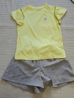 キッズ女児150サイズ イエローTシャツとチェックパンツセット