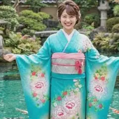 振袖　完全フルセット　24点　成人式　結婚式　前撮り　ブルー　水色　地紋　蝶々