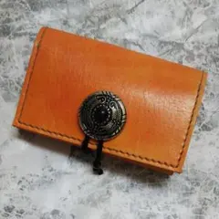 【財布】コンチョ付 オレンジ ヌメ革 マチ付 ハンドメイド レザークラフト