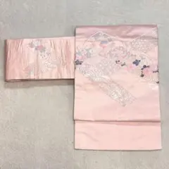 【新品♪ 淡いピンクに季節の花の刺繍柄】 D42 名古屋帯のサムネイル