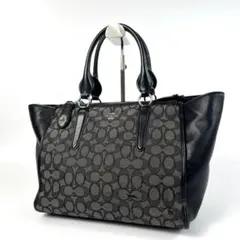 美品 コーチ トートバッグ シグネチャー 黒 PVC キャンバス レザー A4可