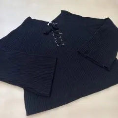 ハニーズ黒 リブ編み レースアップ 長袖ニットL