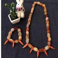 カーネリアン&スポンジ赤珊瑚牙 ネックレス ペア ブレス
