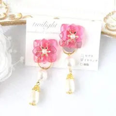ハンドメイド　2wayレジンイヤリング　花　ピンク　推し活　【即購入OK】