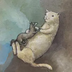 自作絵画　フェレットと遊ぶ　⭐︎  ネコの絵