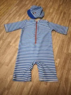 水遊び用水着と帽子のセット 青白ストライプ 90〜95