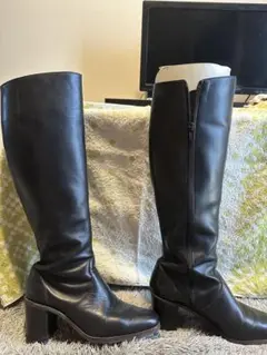黒 レザー ロングブーツ 24.0cm