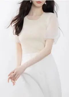 チュール生地スリープリブ編みニットプルオーバー