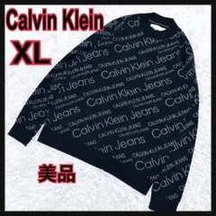 美品カルバンクラインジーンズ総ロゴハイネックニット長袖CK総柄ブラック黒希少XL