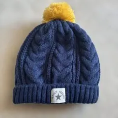 ネイビー ケーブル編み ニット帽 ポンポン付き48-50