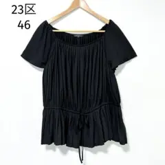 23区 46 プリーツチュニック半袖カットソー リボン 黒 大きいサイズ