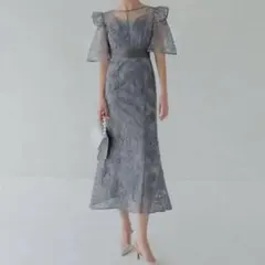 LEJA】スパンコール刺繍レース フレアスリーブ Iライン ドレス グレー