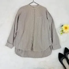 PAR ICI 綿麻ストライプ　長袖ブラウス　シャツ　バンドカラー　ロングシャツのサムネイル