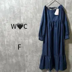 【WC】タグ付ストラップ長袖ロングワンピース 韓国ファッション　F デニムワンピ