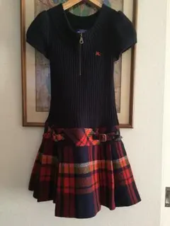 美品 バーバリーブルーレーベル チェック コンビ ワンピース ネイビー×オレンジ