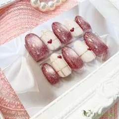 ネイルチップ　ピンク　白　ハート　チェック