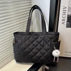 多機能 トートバッグ キルティング 黒 A4 サイドポケット付 マザーズバッグ