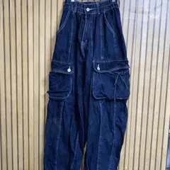 ダークブルー デニム素材 カーゴパンツ ゴムウエスト レディースにも