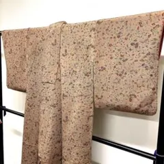 小紋　ちりめん　型染　蝶　花模様　桜　ブラウンカラー　着物　015tz