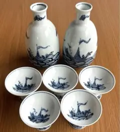 染付 酒器セット 徳利 盃 7点 木箱付 和食器