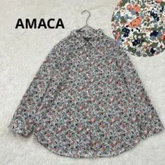 美品◎AMACA アマカ リバティ シャツワンピース 38 半袖 花柄 ブルー