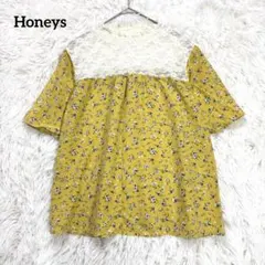 ハニーズ 花柄ブラウス イエロー M 総柄 レース シフォン　半袖　ドッキング
