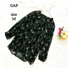 GAP ギャップ シアー ブラウス ボタニカル 総柄 バンドカラー 薄手 黒 M