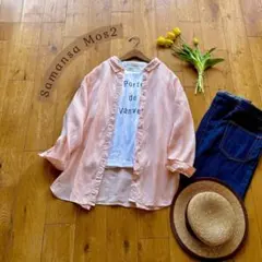 サマンサモスモス＊麻100% ストライプ柄 長袖ブラウス ピンク×白 羽織りにも