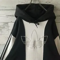 希少サイズ☆アディダス 刺繍 センターロゴ ストライプ パーカー XO 黒×白