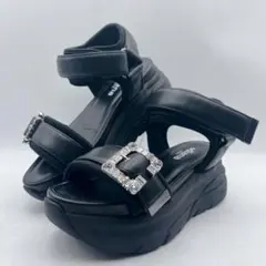美品✨+ダイアナ ビジューバックル 厚底 サンダル ストラップ 21.5cm 黒