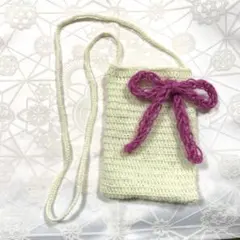 ◆かぎ針編み◆ショルダー、毛糸、ハンドメイド(白色・ピンクリボン)