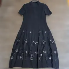 ハーモニカ 半袖ワンピース 黒 シアー 花柄 リブ 異素材 F 日本製